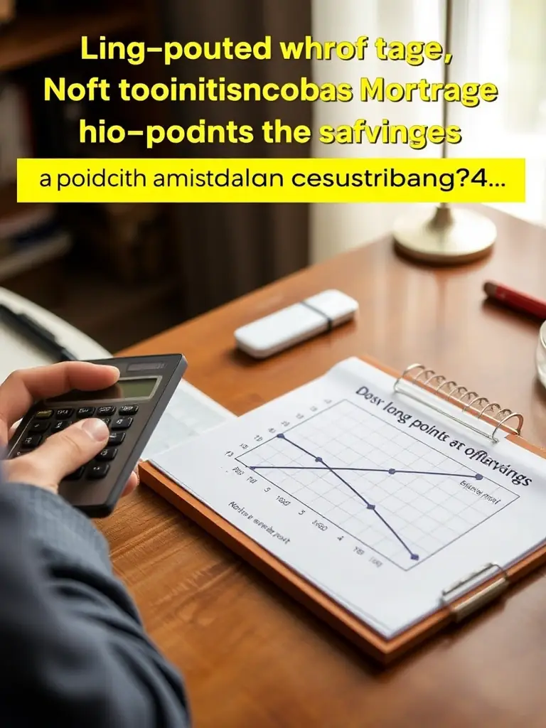 A person using a calculator to determine the long-term cost savings of a no-points mortgage versus paying points upfront, with a graph showing the break-even point.