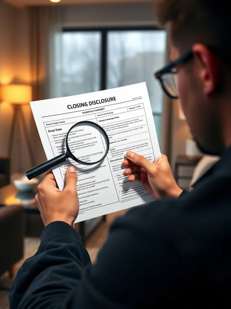 A person reviewing a closing disclosure document with a magnifying glass, highlighting key areas to identify potential savings, set against a backdrop of a modern home interior.