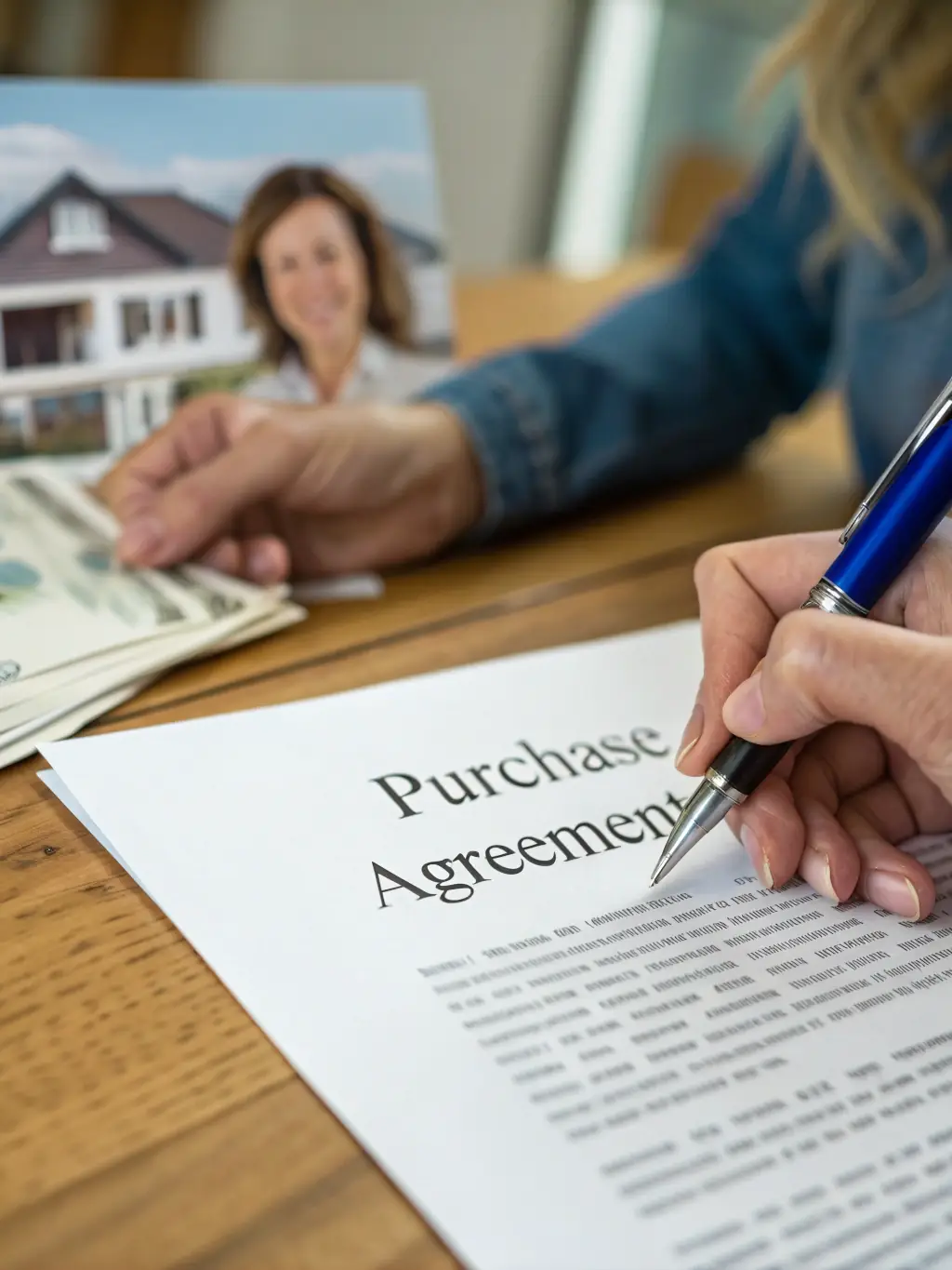 A person signing an offer document with a real estate agent, with a house in the background, representing the offer submission stage.