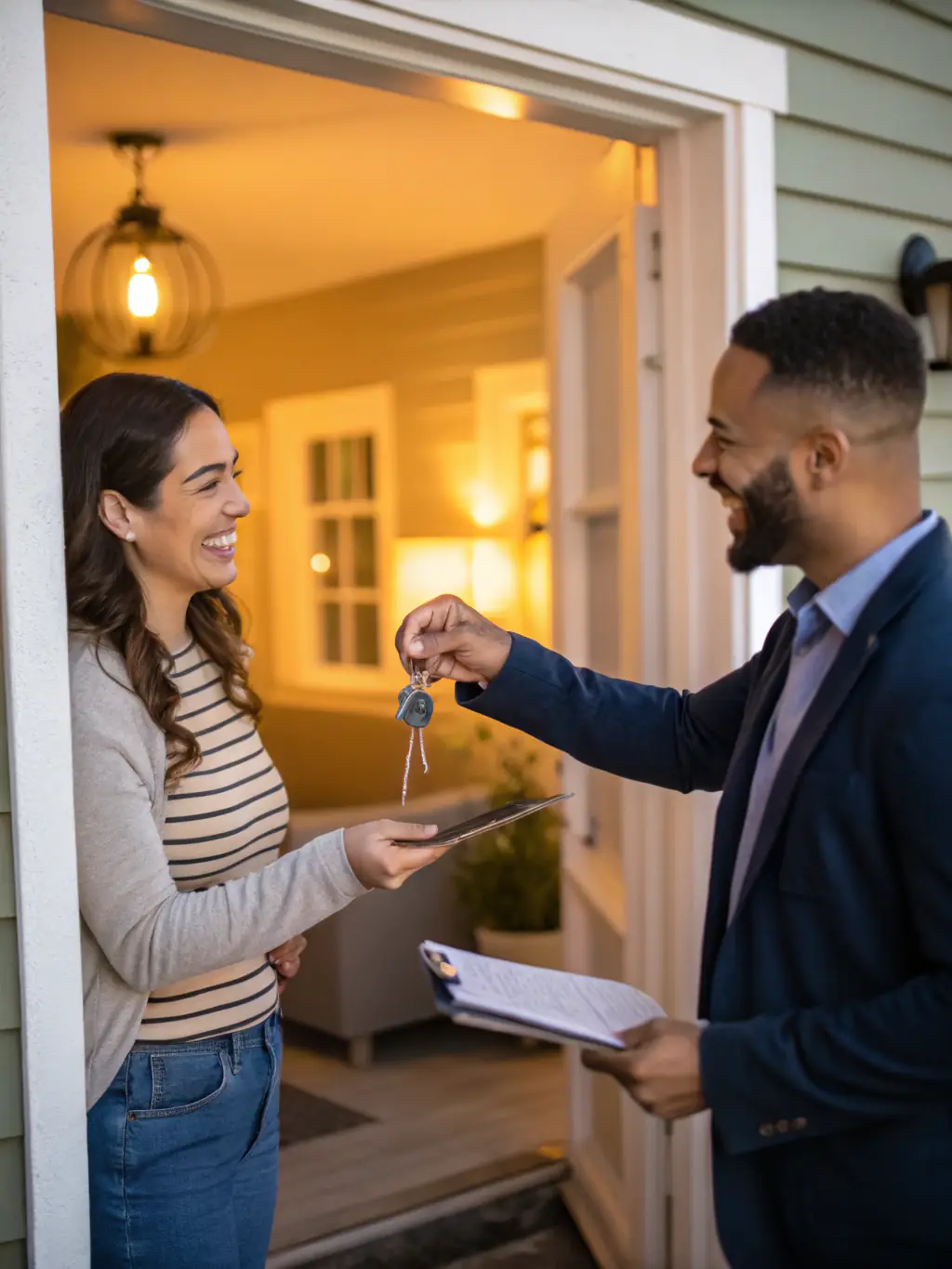 A person happily receiving keys to a new home from a real estate agent, symbolizing the final step of buying a home.
