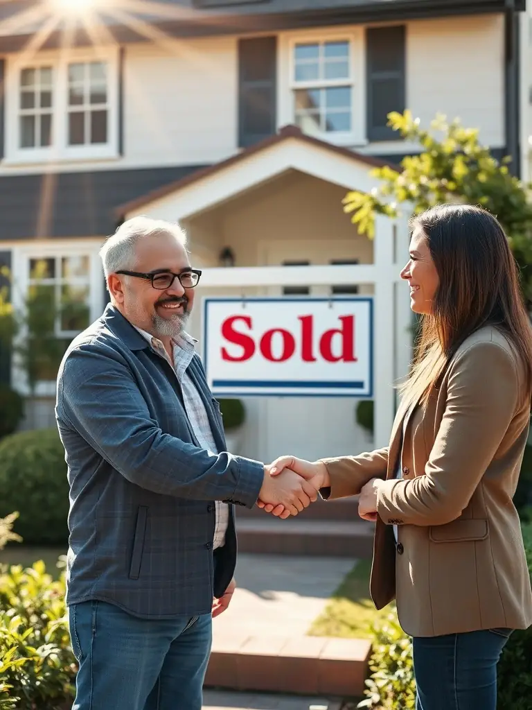 A person celebrating with a real estate agent in front of a house with a 'sold' sign, symbolizing the closing of the deal.